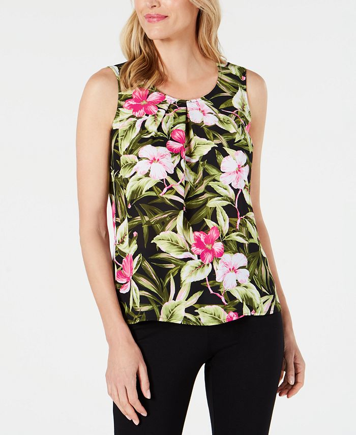 Blusa Kasper Feminina Perfection Multi sem mangas com decote tropical e pregas, rosa, tamanho grande