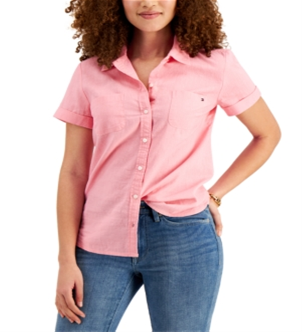 Camisa de linho feminina Tommy Hilfiger Camp rosa tamanho pequeno
