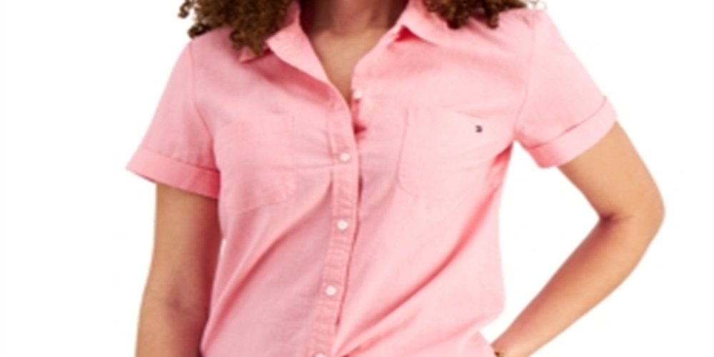 Camisa de linho feminina Tommy Hilfiger Camp rosa tamanho pequeno