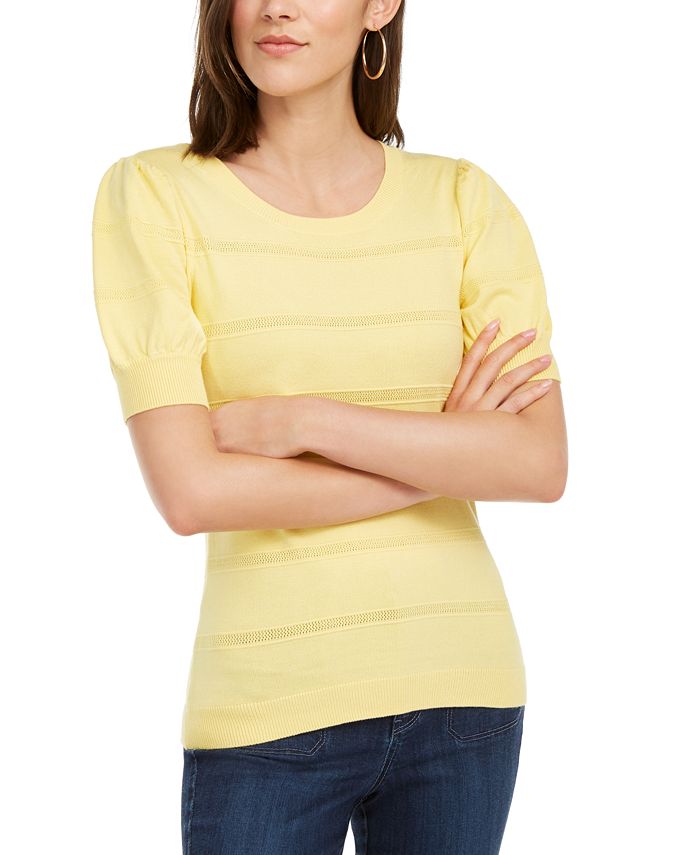 Suéter feminino Maison Jules Pointelle com mangas bufantes, amarelo, tamanho G