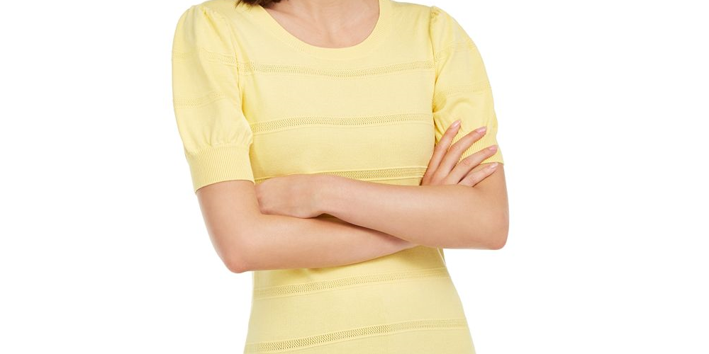 Suéter feminino Maison Jules Pointelle com mangas bufantes, amarelo, tamanho G