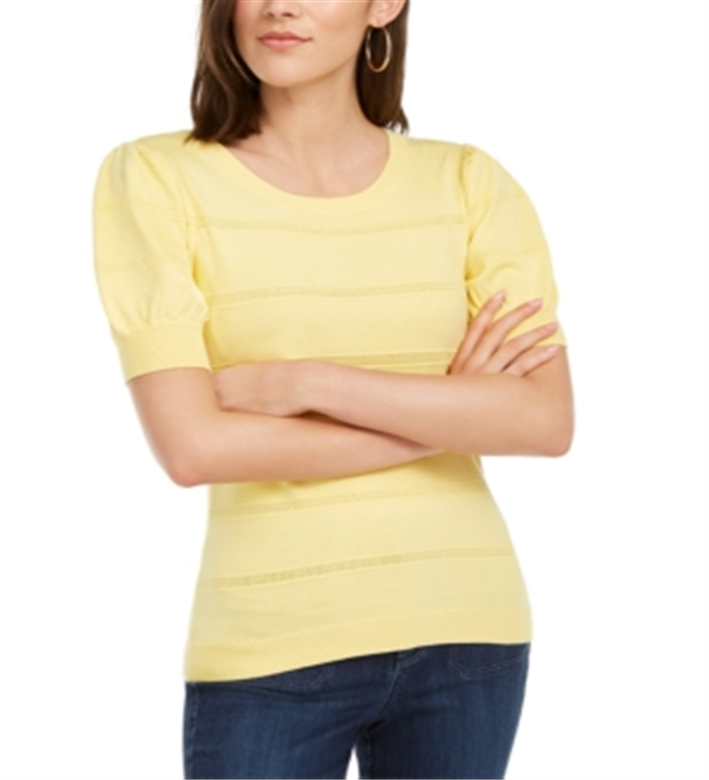 Suéter feminino Maison Jules Pointelle com mangas bufantes, amarelo, tamanho G