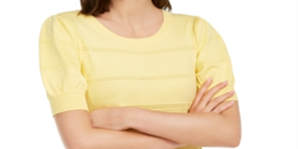 Suéter feminino Maison Jules Pointelle com mangas bufantes, amarelo, tamanho G