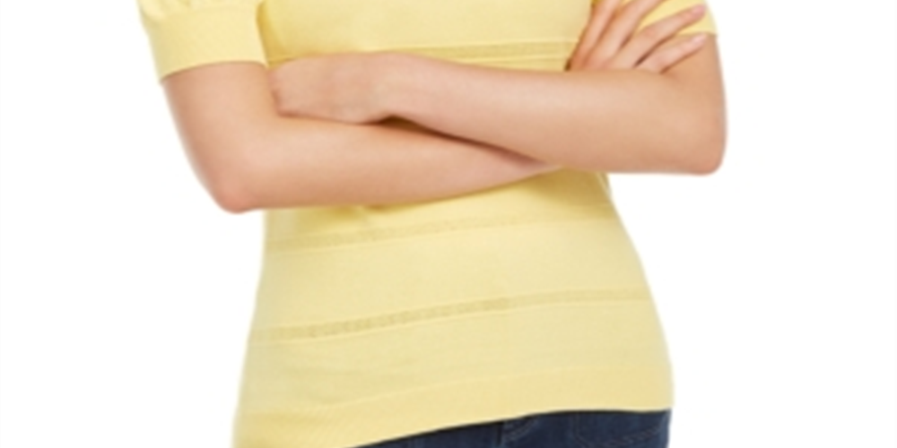 Suéter feminino Maison Jules Pointelle com mangas bufantes, amarelo, tamanho G