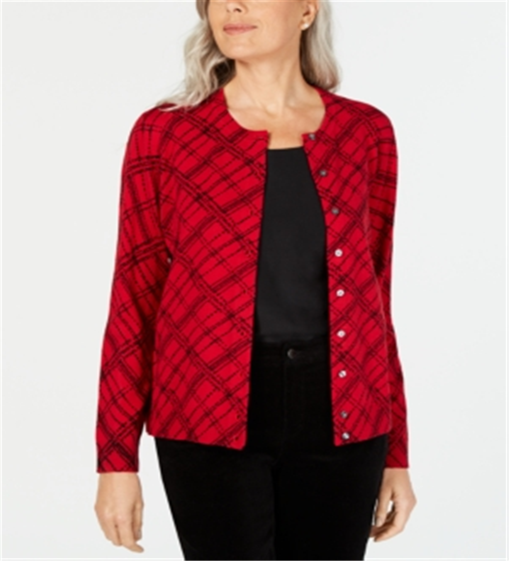 Karen Scott Cardigan feminino com estampa xadrez, vermelho, tamanho XS