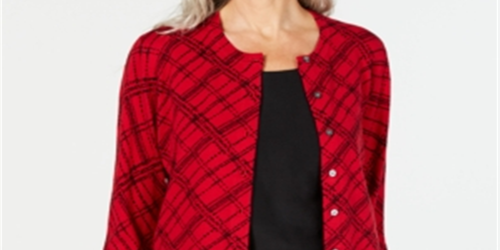 Karen Scott Cardigan feminino com estampa xadrez, vermelho, tamanho XS