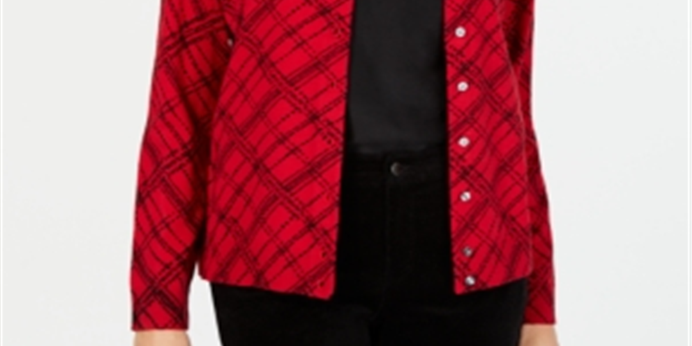 Karen Scott Cardigan feminino com estampa xadrez, vermelho, tamanho XS