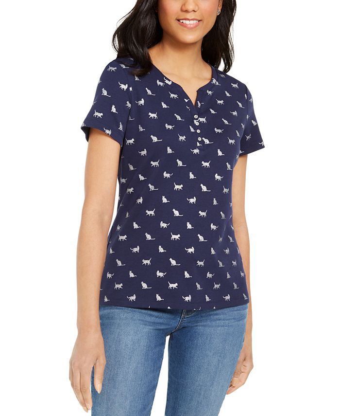 Karen Scott Top Henley Estampado Kitty Glitz Feminino Azul Tamanho Médio