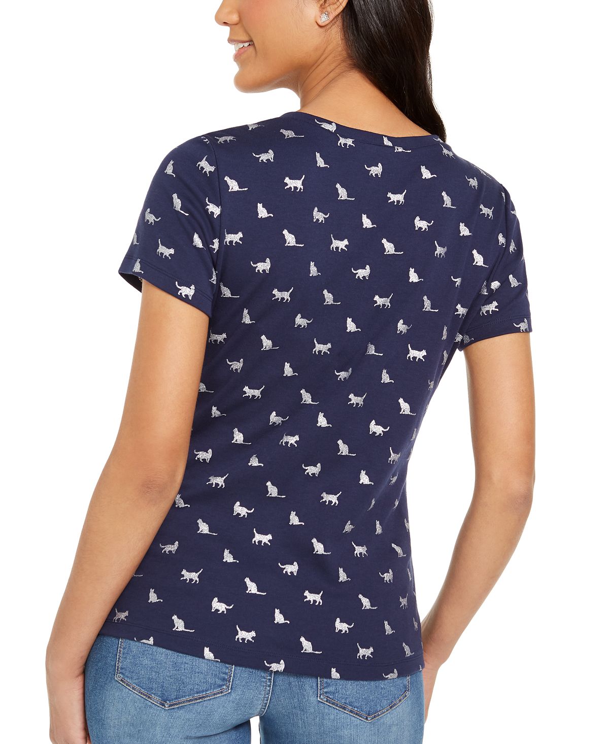 Karen Scott Top Henley Estampado Kitty Glitz Feminino Azul Tamanho Médio
