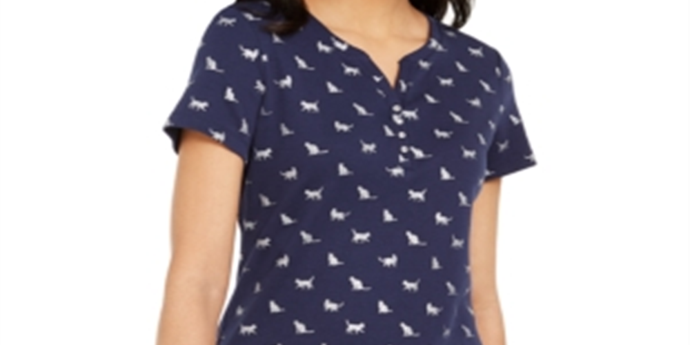 Karen Scott Top Henley Estampado Kitty Glitz Feminino Azul Tamanho Médio