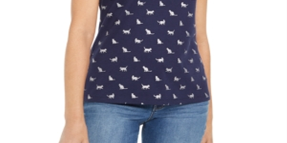 Karen Scott Top Henley Estampado Kitty Glitz Feminino Azul Tamanho Médio