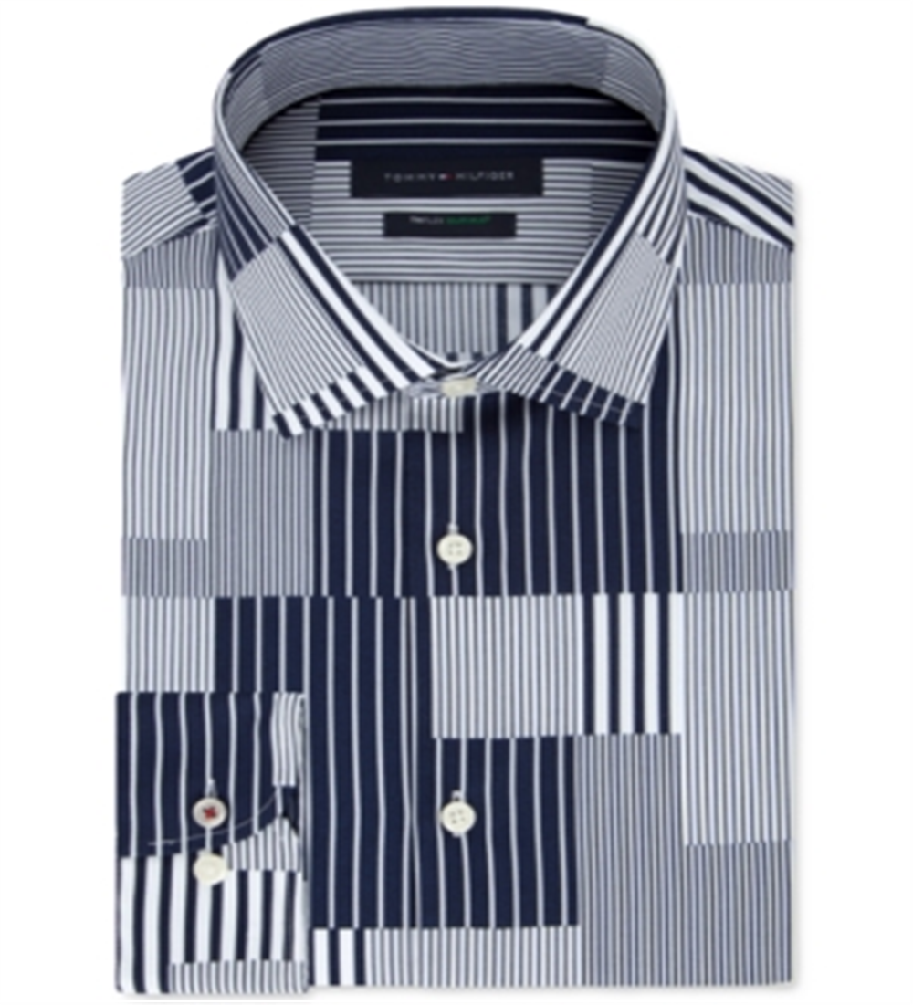 Camisa social Tommy Hilfiger Slim Fit Th Flex sem passar roupa Supima Stretch Patchwork azul tamanho 34x35