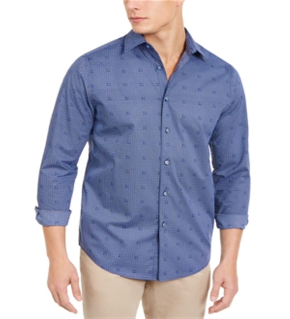 Camisa masculina Tasso Elba Bendini com estampa de azulejos e botões, tamanho médio, azul