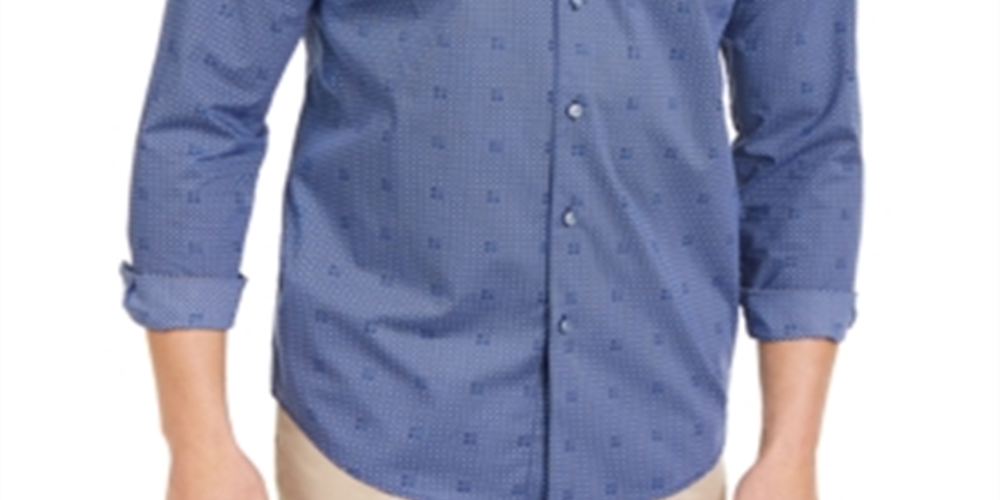 Camisa masculina Tasso Elba Bendini com estampa de azulejos e botões, tamanho médio, azul