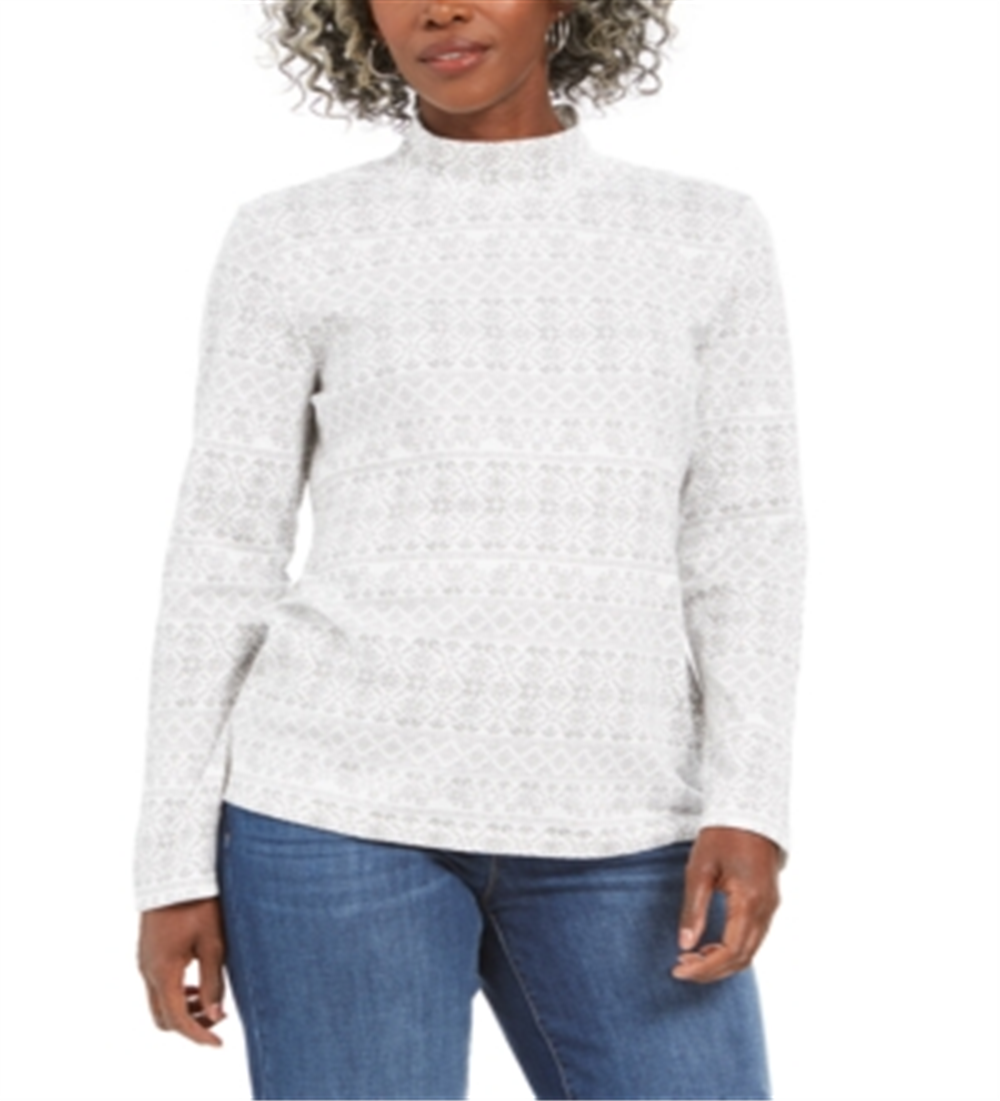 Karen Scott Feminino Fair Isle Estampado Mock Neck Top Branco Tamanho Pequeno Pequeno