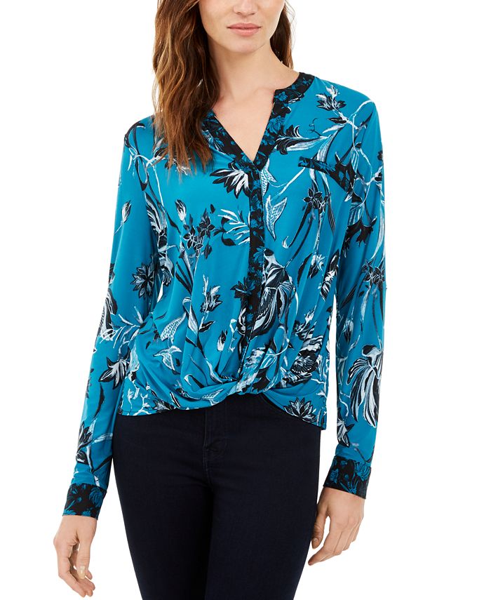 INC International Concepts Top feminino estampado com torção azul tamanho pequeno G