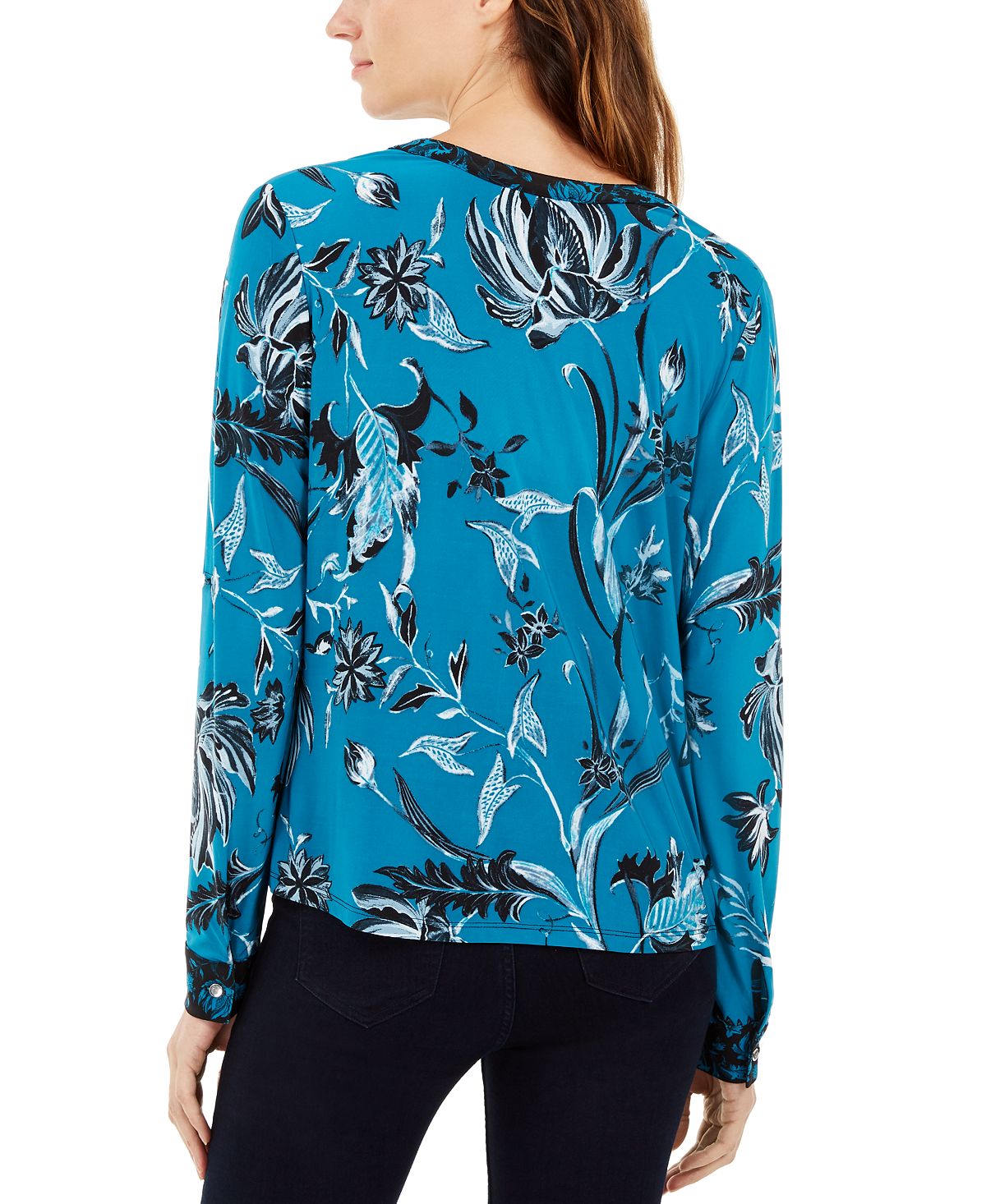 INC International Concepts Top feminino estampado com torção azul tamanho pequeno G