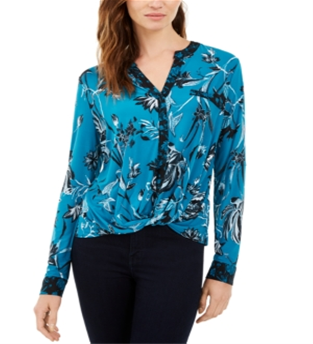 INC International Concepts Top feminino estampado com torção azul tamanho pequeno G