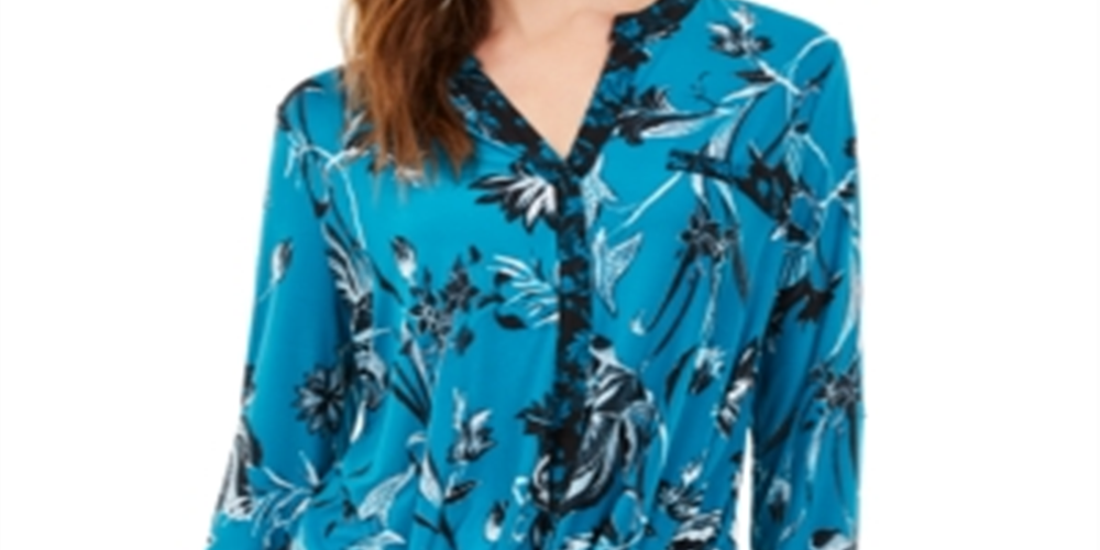INC International Concepts Top feminino estampado com torção azul tamanho pequeno G