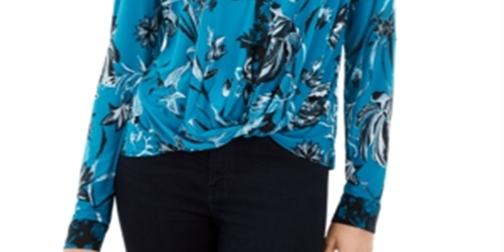 INC International Concepts Top feminino estampado com torção azul tamanho pequeno G