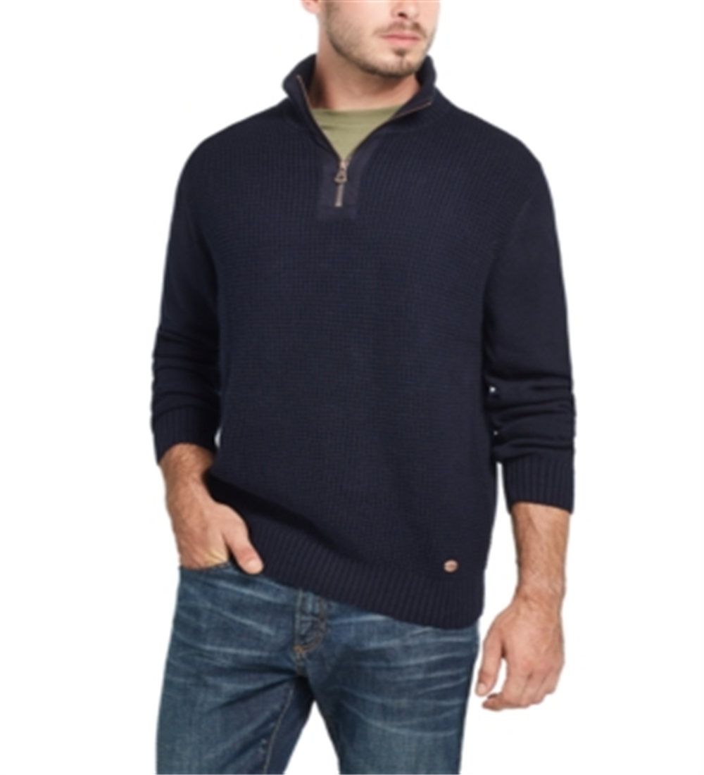 Suéter masculino vintage à prova de intempéries com textura waffle e zíper de um quarto, azul, tamanho XX-G