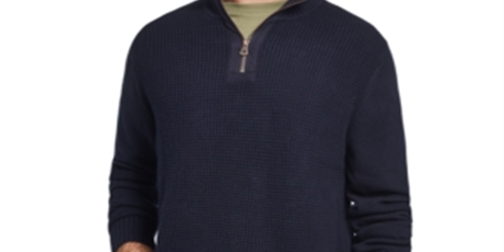 Suéter masculino vintage à prova de intempéries com textura waffle e zíper de um quarto, azul, tamanho XX-G