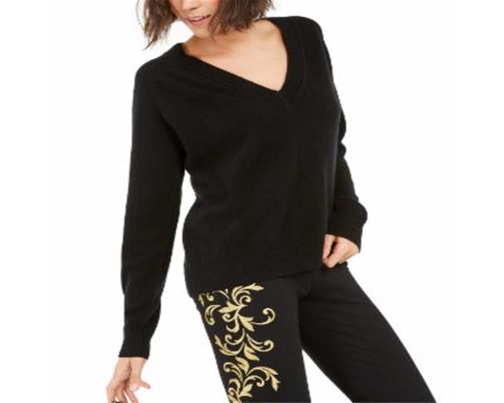 Suéter de cashmere feminino com decote em V, preto profundo, tamanho GG, da Inc International Concepts