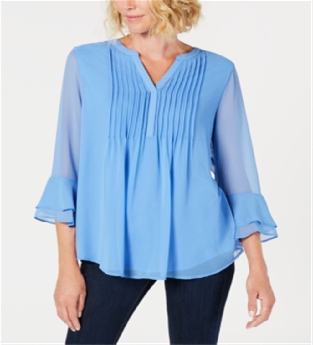 Charter Club Blusa feminina com babados duplos e pregas lisas, azul, tamanho 2XL