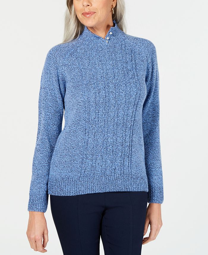 Karen Scott Suéter Feminino de Tricô com Gola Falsa Azul Tamanho Pequeno X-Grande