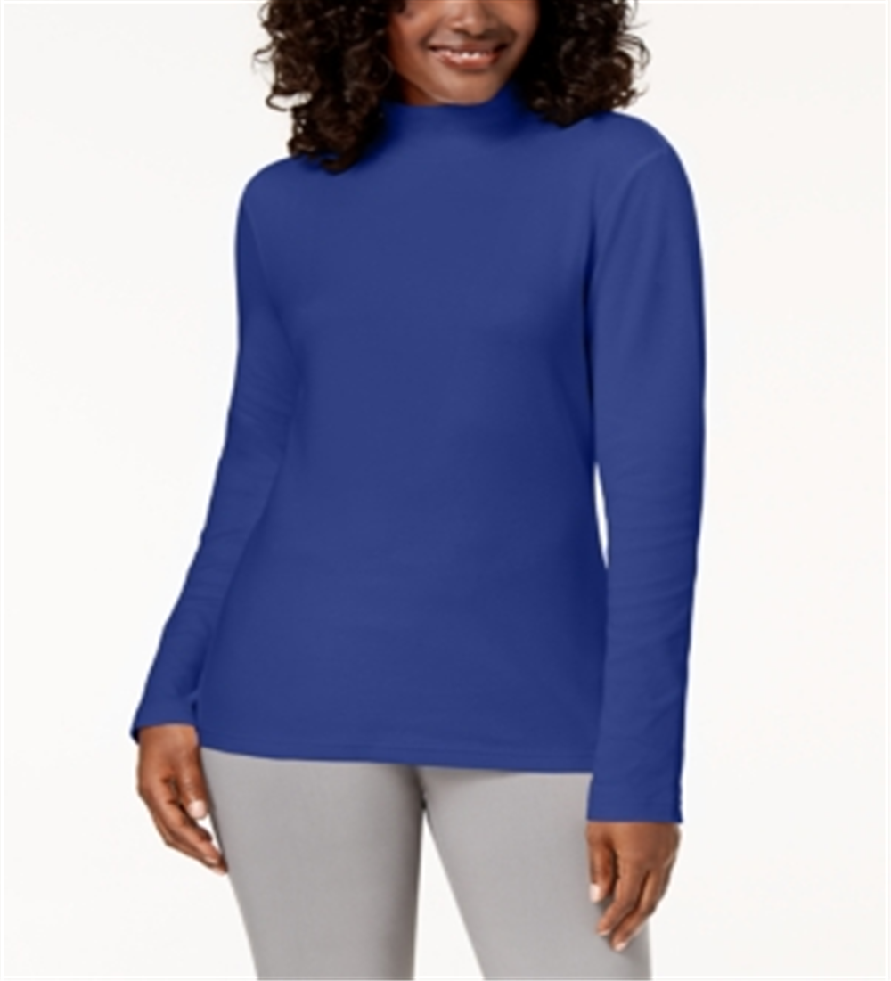 Karen Scott Blusa de algodão com gola alta e manga comprida feminina, azul, tamanho pequeno