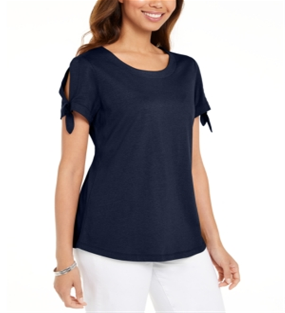 Camiseta feminina Karen Scott com manga amarrada, azul, tamanho XS