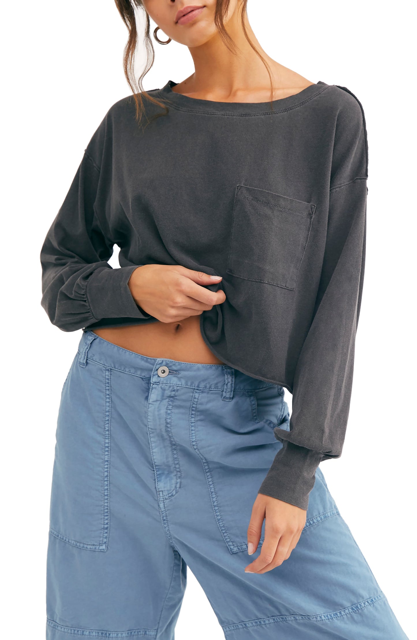 Camiseta feminina Austin Cropped manga comprida preta tamanho grande da Free People
