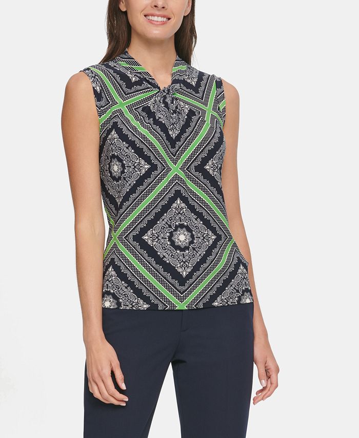 Tommy Hilfiger Blusa Feminina Estampada com Decote em Nó Azul Marinho Tamanho G