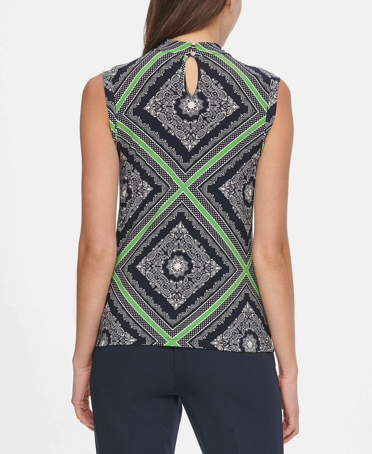 Tommy Hilfiger Blusa Feminina Estampada com Decote em Nó Azul Marinho Tamanho G
