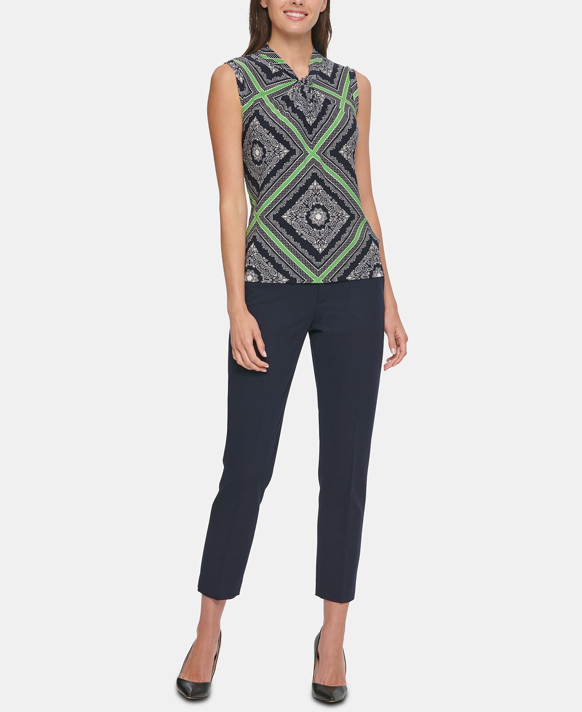 Tommy Hilfiger Blusa Feminina Estampada com Decote em Nó Azul Marinho Tamanho G