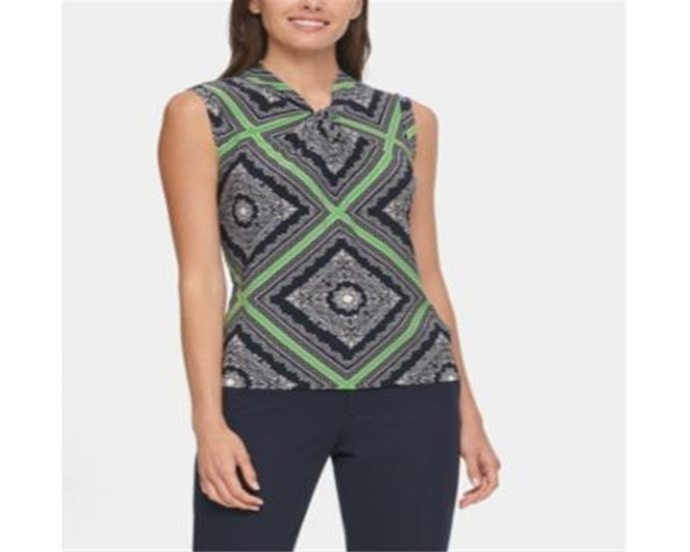 Tommy Hilfiger Blusa Feminina Estampada com Decote em Nó Azul Marinho Tamanho G