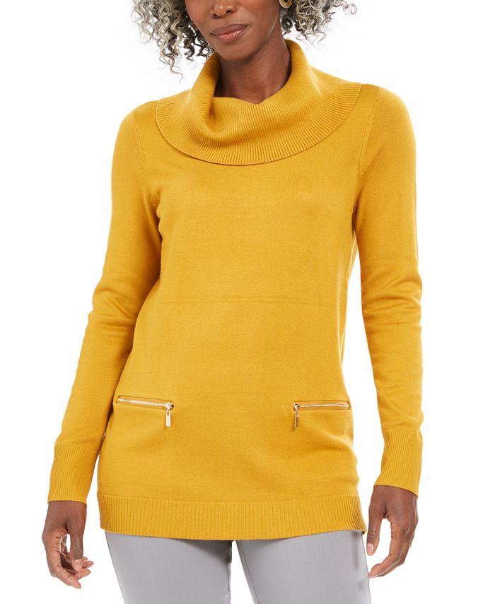 JM Collection Suéter Feminino com Bolso e Zíper, Gola Redonda, Amarelo, Tamanho Pequeno, Extra Grande