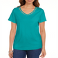 Camiseta feminina Karen Scott de algodão com decote em V e acabamento aberto, verde, tamanho pequeno