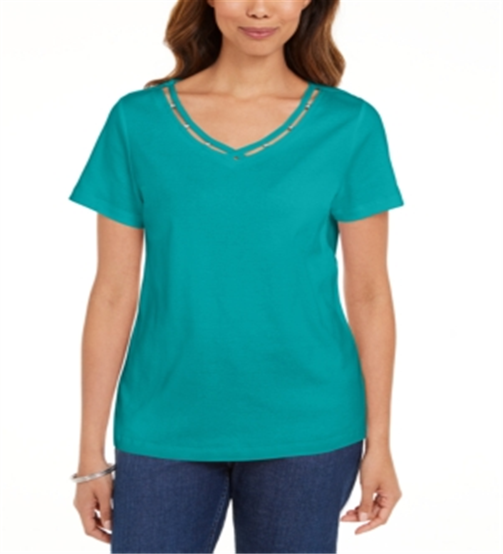 Camiseta feminina Karen Scott de algodão com decote em V e acabamento aberto, verde, tamanho pequeno
