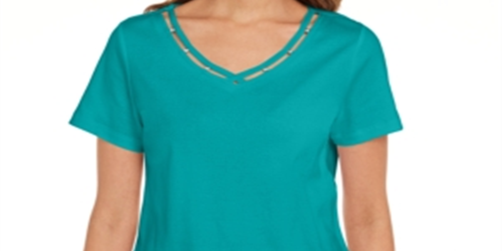 Camiseta feminina Karen Scott de algodão com decote em V e acabamento aberto, verde, tamanho pequeno