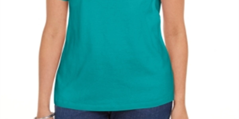 Camiseta feminina Karen Scott de algodão com decote em V e acabamento aberto, verde, tamanho pequeno