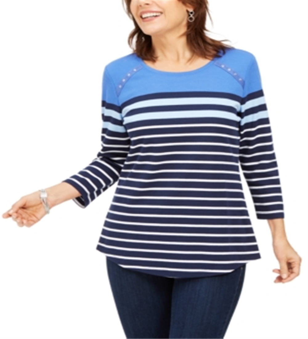 Karen Scott Sport Feminino Listrado Colorblocked com Ilhós Azul Tamanho X-S