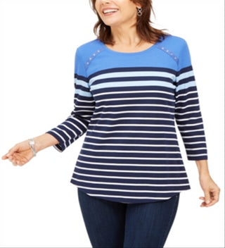 Karen Scott Sport Feminino Listrado Colorblocked com Ilhós Azul Tamanho X-S