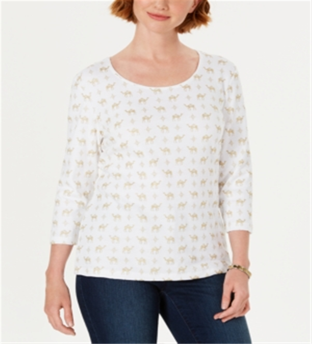 Blusa feminina Karen Scott com estampa de camelo brilhante, branca, tamanho XS