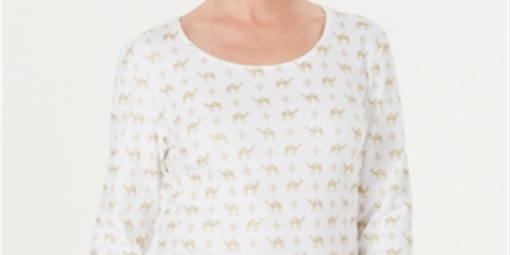 Blusa feminina Karen Scott com estampa de camelo brilhante, branca, tamanho XS