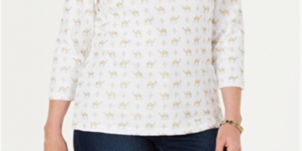Blusa feminina Karen Scott com estampa de camelo brilhante, branca, tamanho XS