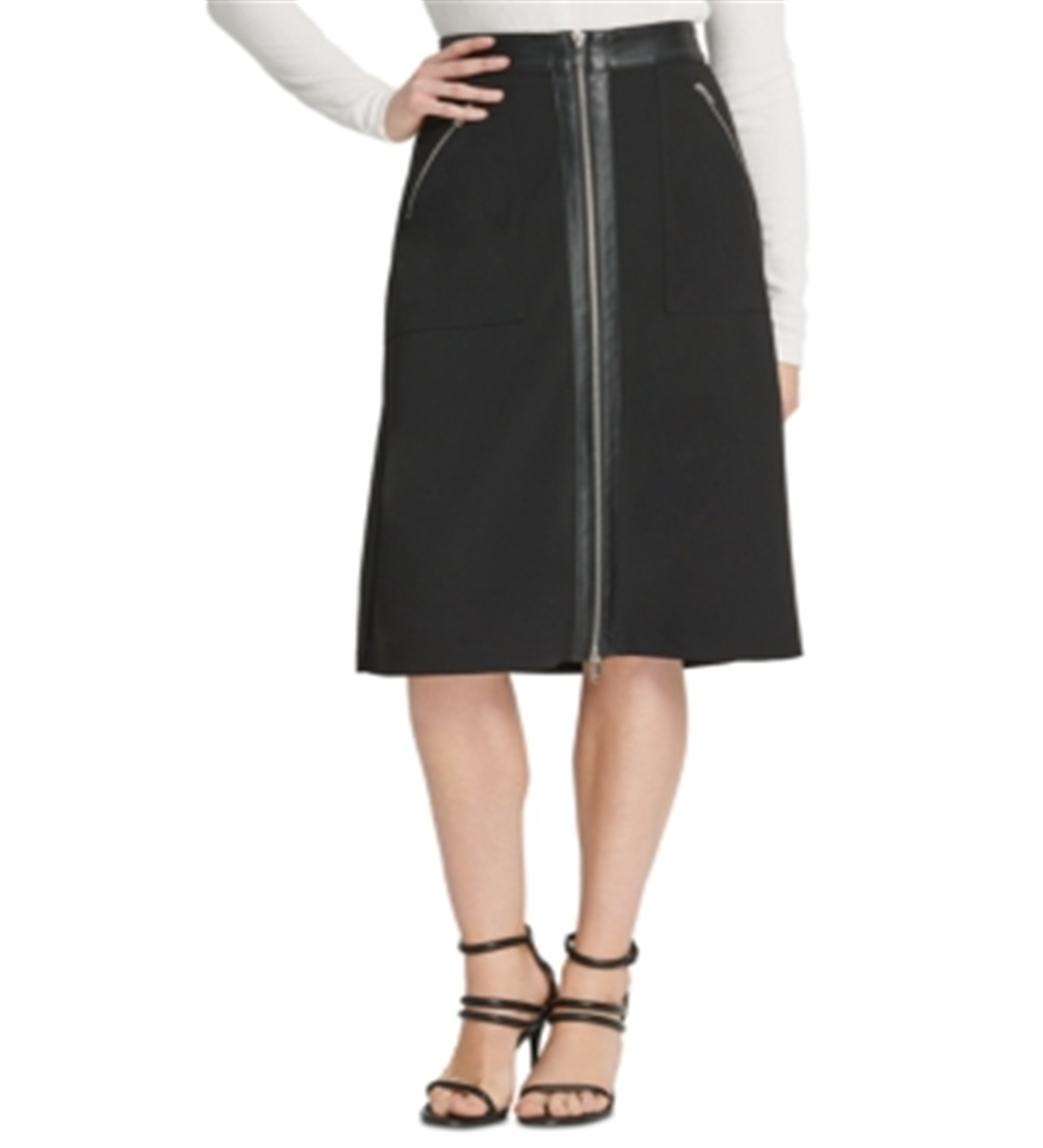 Saia feminina DKNY com acabamento em couro sintético MIDI preta, tamanho 2