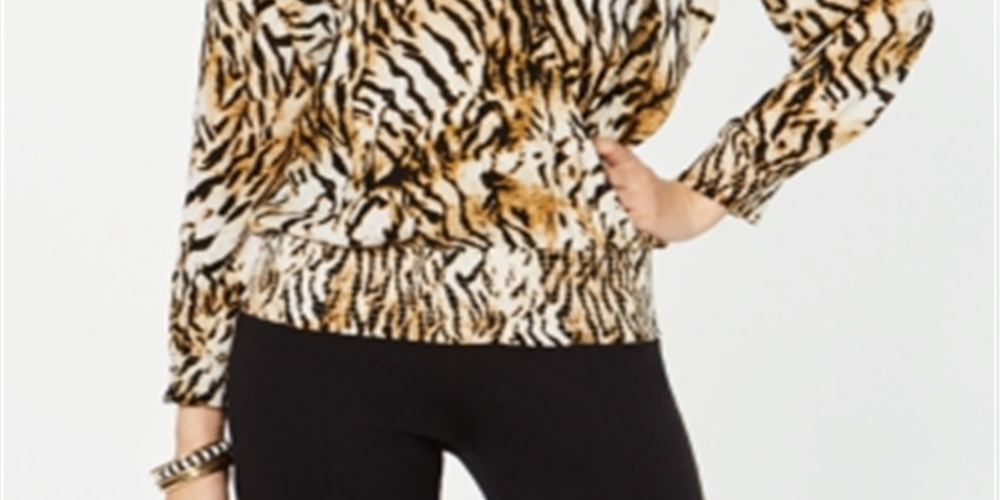 Blusa feminina com estampa animal e manga comprida e decote em V, marrom, tamanho pequeno, da INC International Concepts