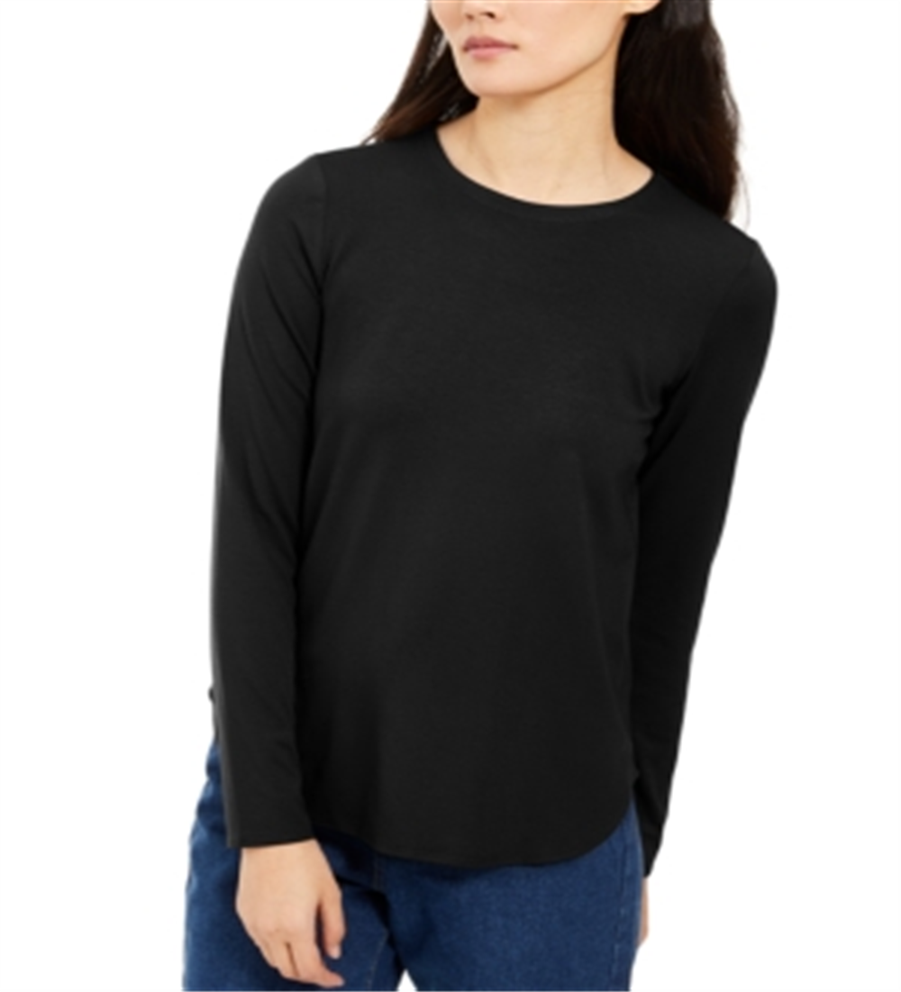 Blusa feminina Eileen Fisher com gola redonda e manga comprida, preta, tamanho P/P