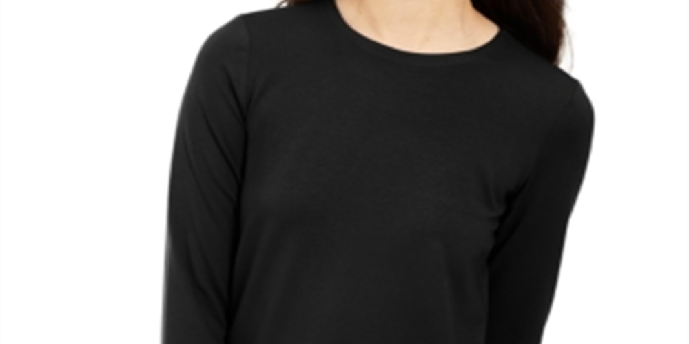 Blusa feminina Eileen Fisher com gola redonda e manga comprida, preta, tamanho P/P